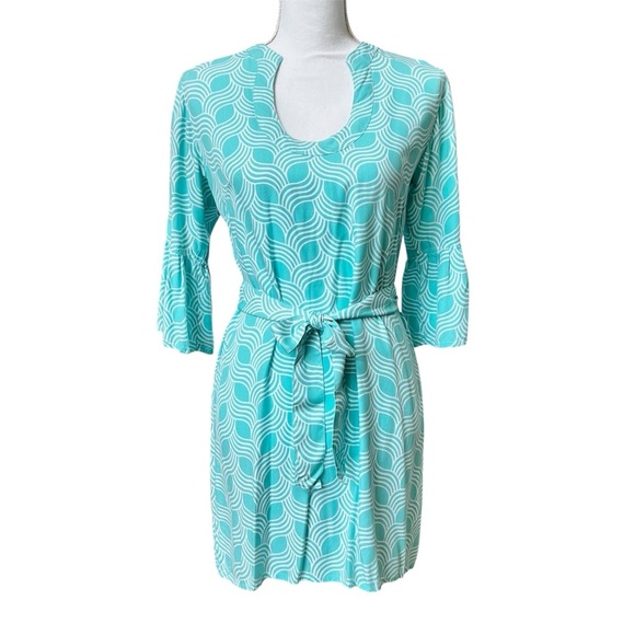 Escapada Turquoise & White Patterned Rayon Summer Dress 3/4 Bell Sleeves Sz S - Picture 2 of 9